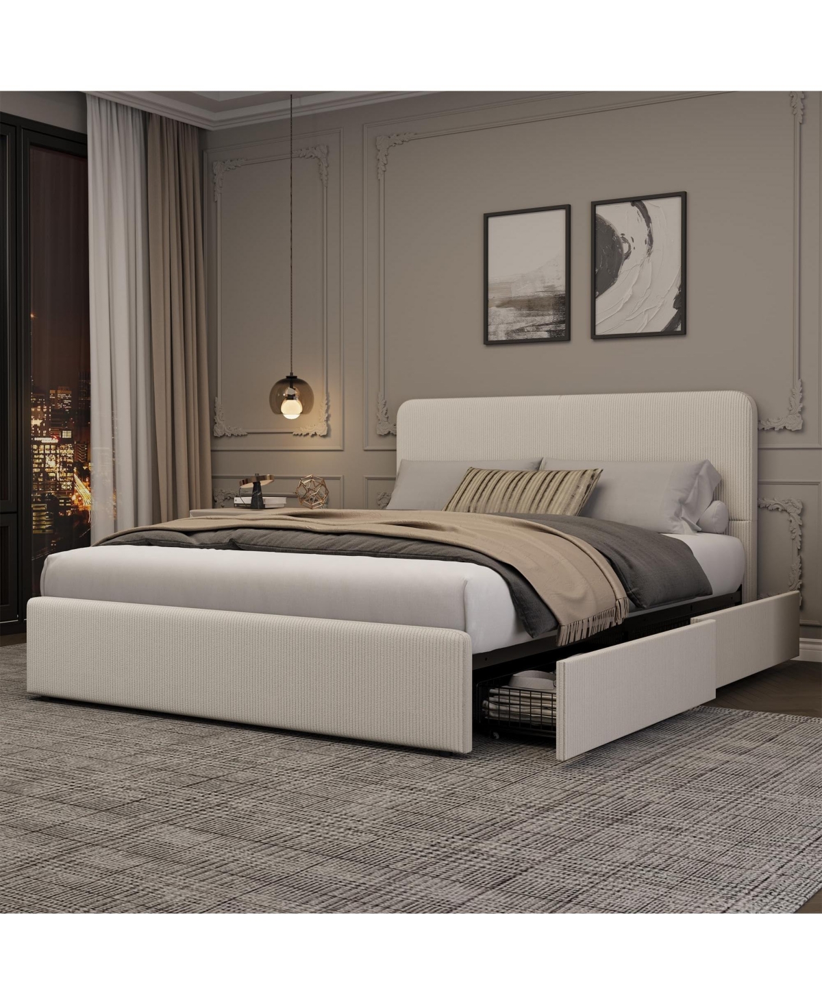 homfan Upholstered Platform Bed Frame with Headboard and 2 Storage Drawers, Wood Slat Support