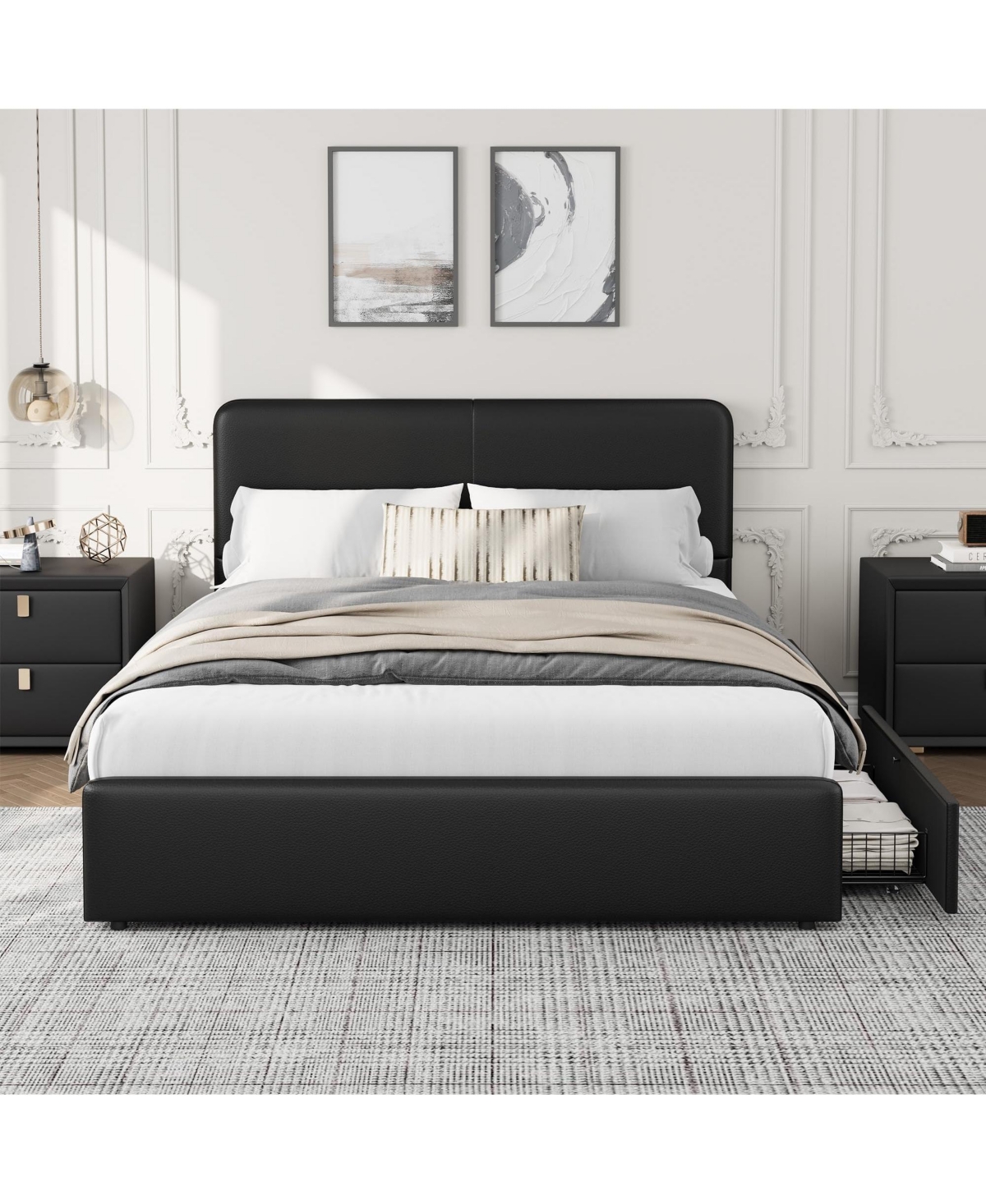 homfan Upholstered Platform Bed Frame with Headboard and 2 Storage Drawers, Wood Slat Support
