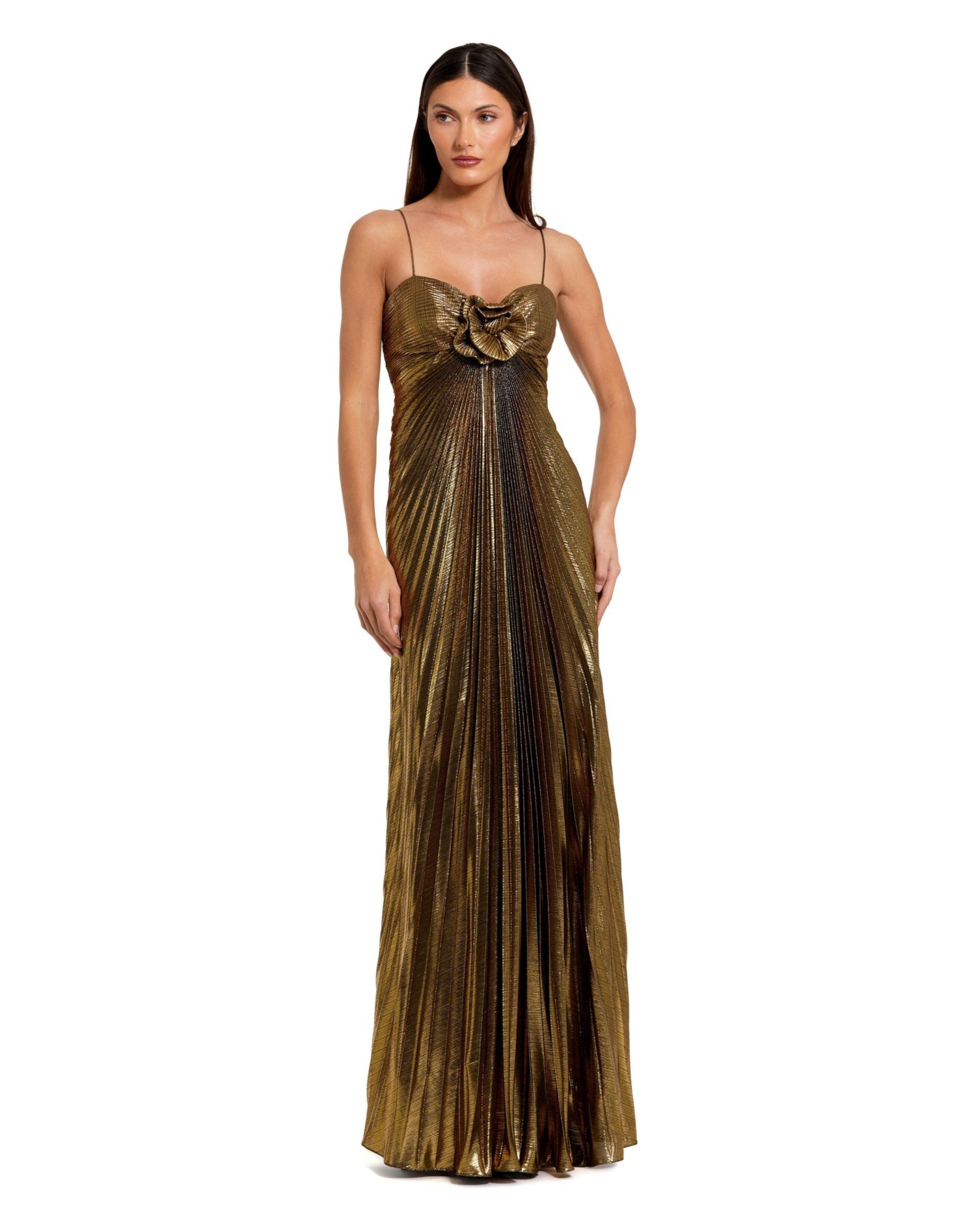 Petite Pleated Metallic Gown with Thin Straps and 3D Floral Detail