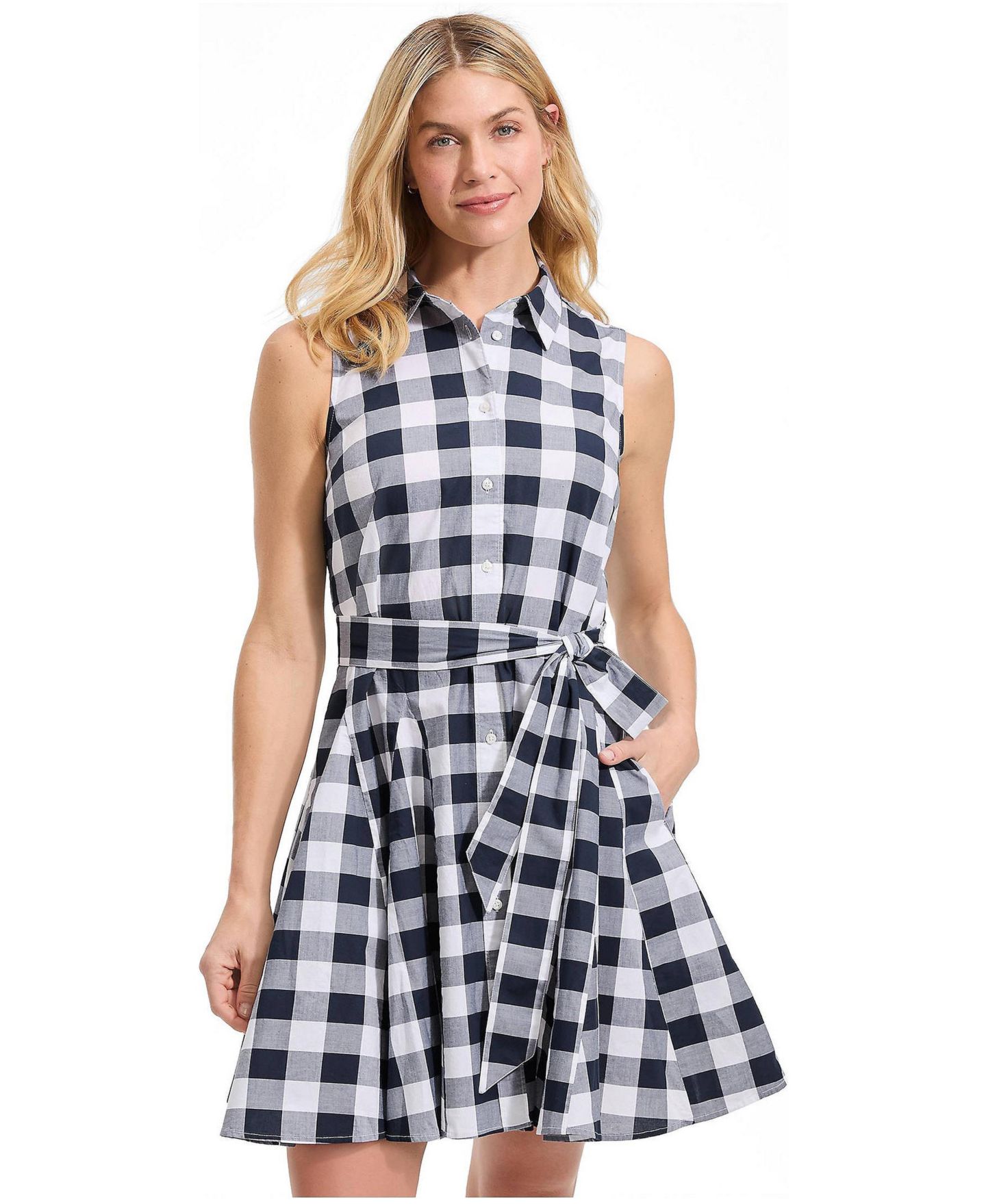 Женское платье Lands' End Poplin Button Front with Godets, цвет: Тёмно-синий в мелкую клетку — фото 1