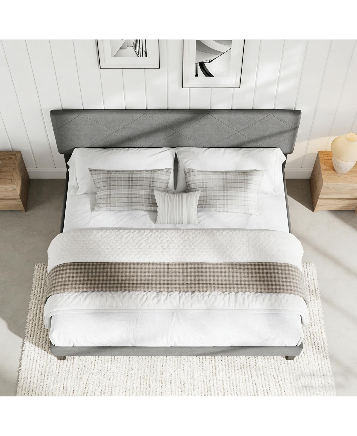homfan Upholstered Platform Bed Frame with Quilted Headboard, Wooden Slats and Quiet Support