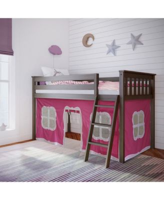 Loft Bed, Low Solid Wood Twin Loft Bunk Beds for Kids with Ladder and Curtain
