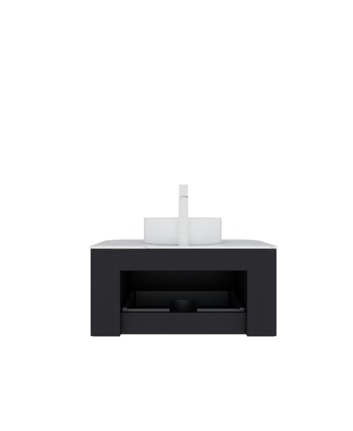 Sillysis Wall Mounted Bathroom Vanity with Sintered Stone Top, Round Ceramic Sink, Black Striped Drawer