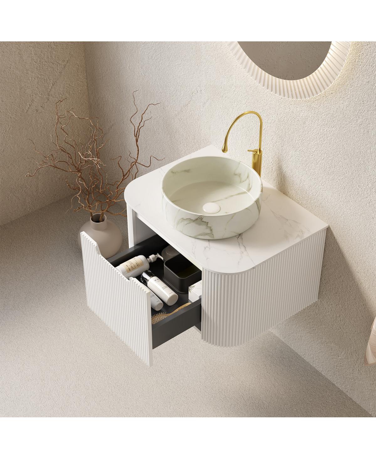 Sillysis Wall Mounted Bathroom Vanity with White Sintered Stone Top, Round Ceramic Bowl Sink