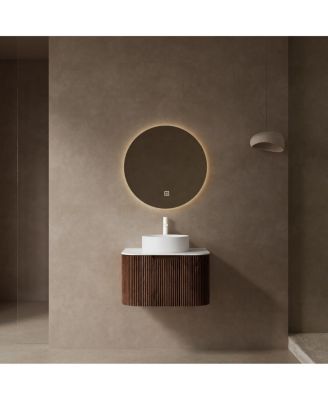 Wall Mounted Bathroom Vanity with Artificial Marble Top, Round Ceramic Sink, Walnut Striped Drawer, Pre-assembled