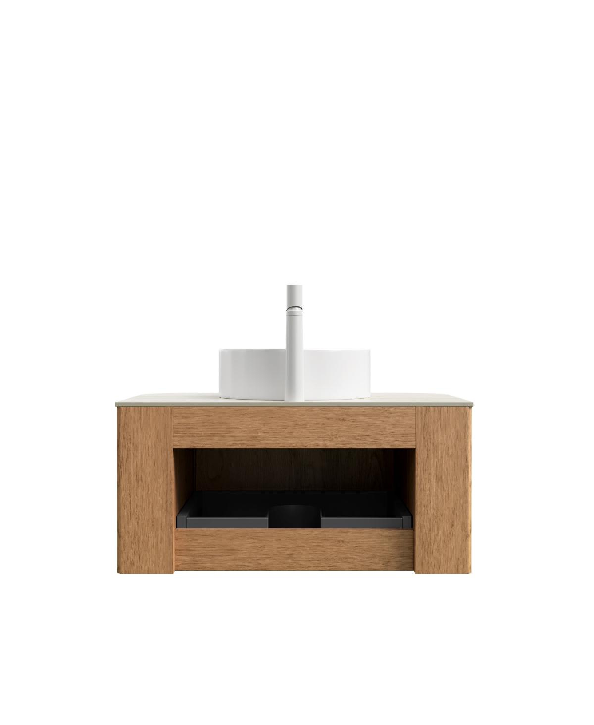 Sillysis Wall Mounted Bathroom Vanity with Sintered Stone Top, Round Ceramic Vessel Sink, Wood Grain Drawer