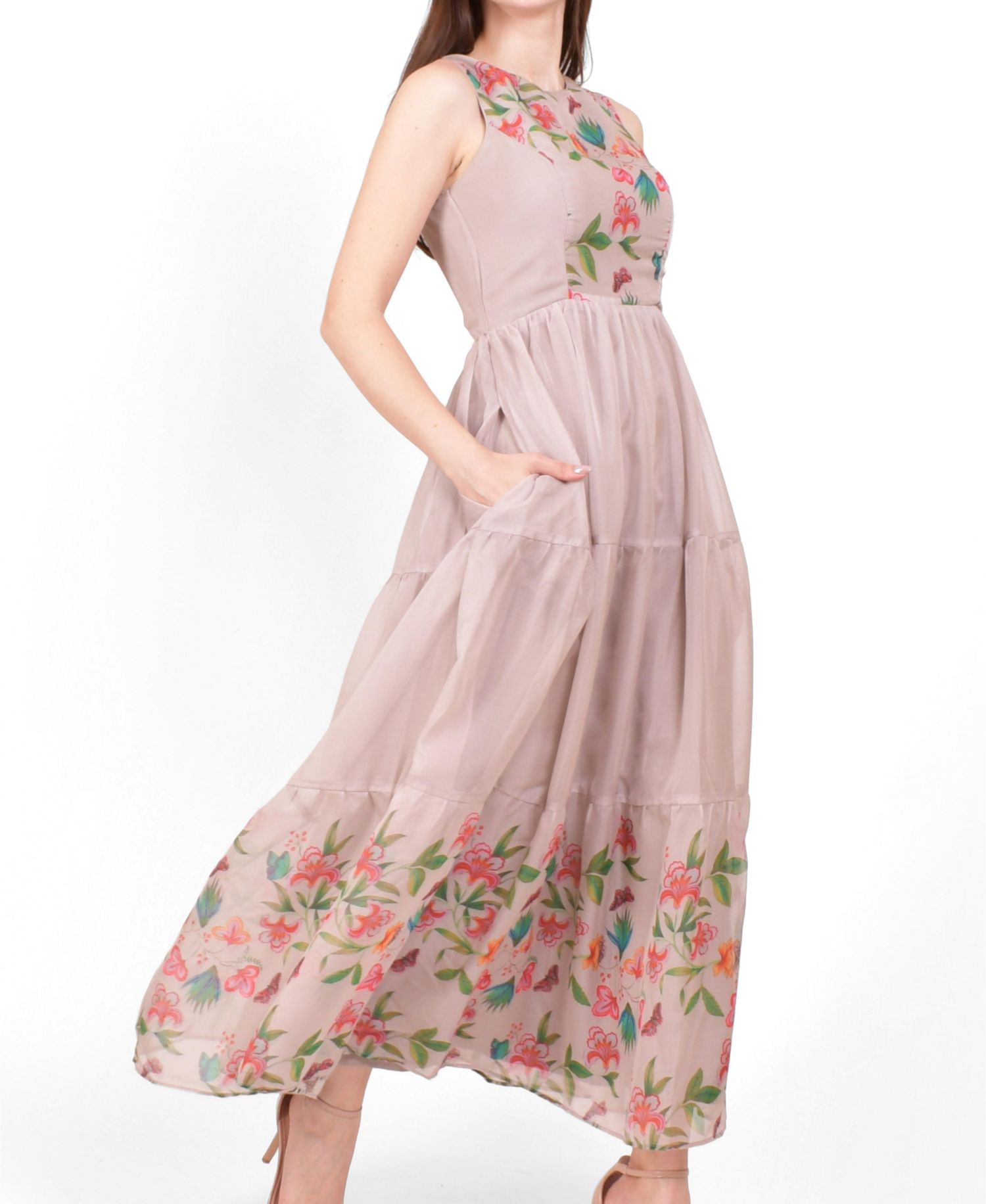 Women's Floral Organza Tiered Maxi Dress