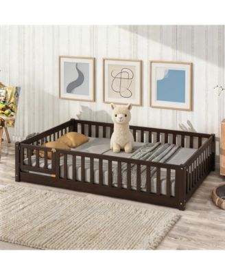 Floor Bed with Fence and Door, Solid Wood Kids Platform Bed Frame