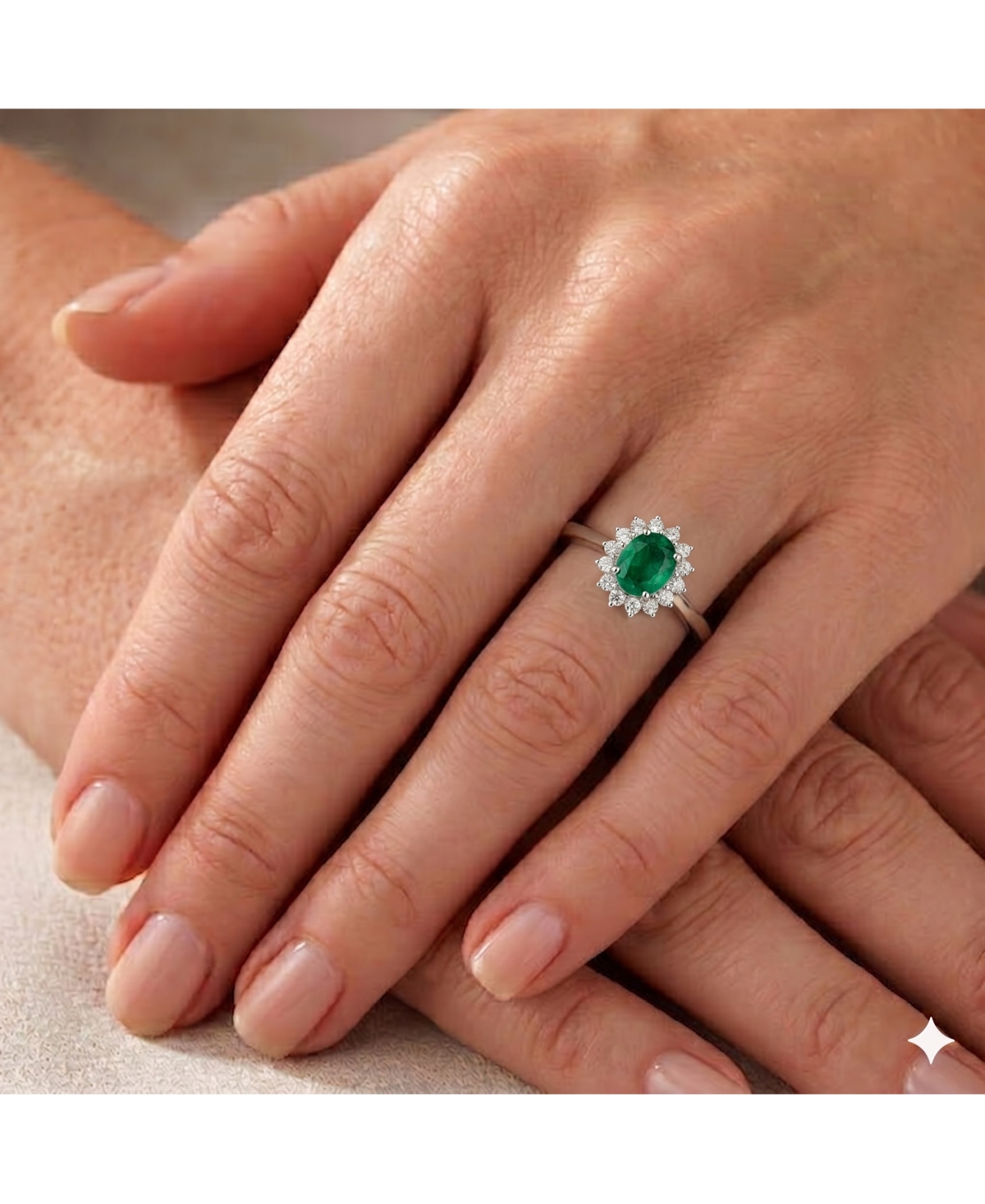 Simona Elegant Oval Emerald Halo Cz Flower Design Ring