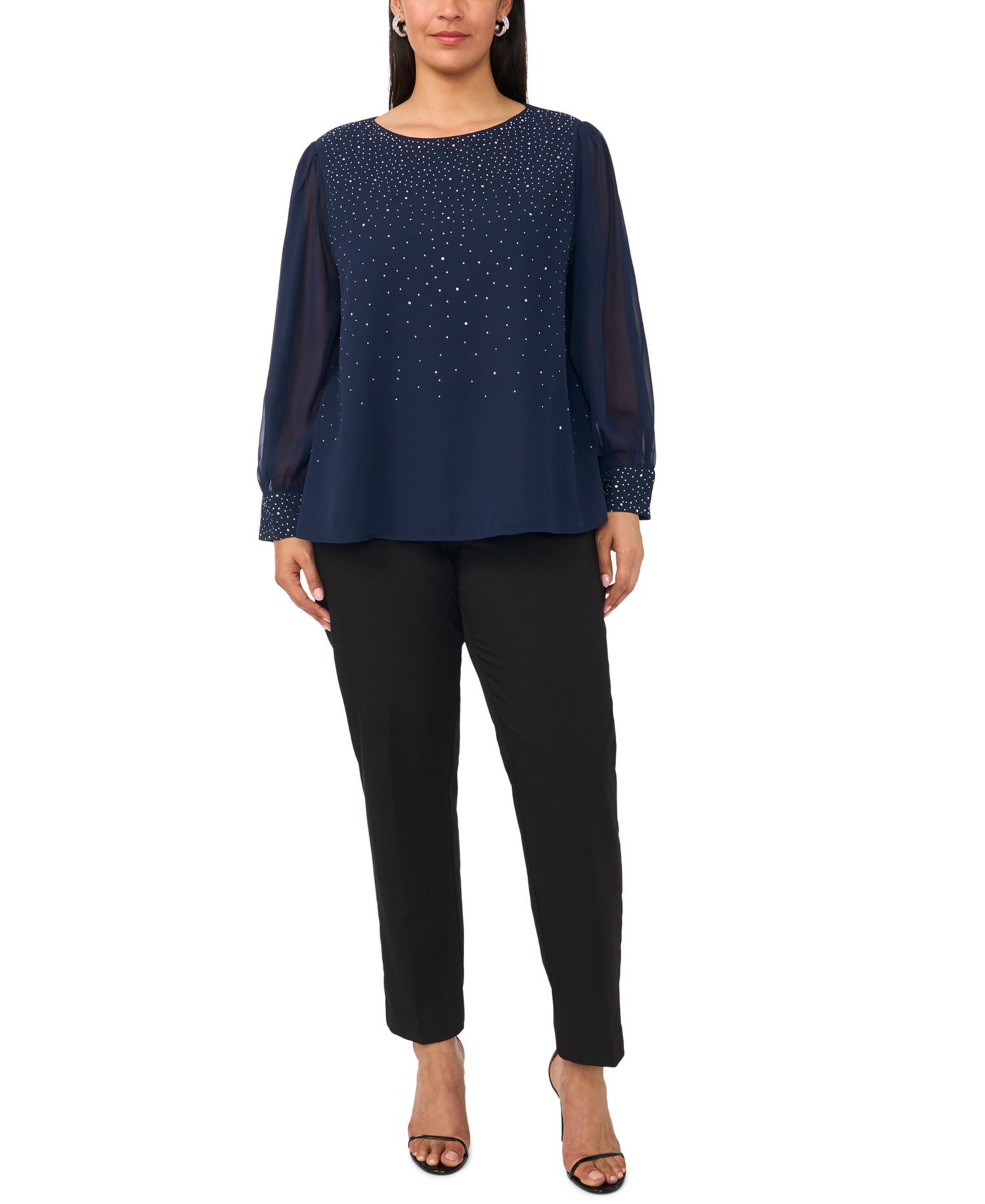 Plus Size Rhinestone Embellished Balloon-Sleeve Top