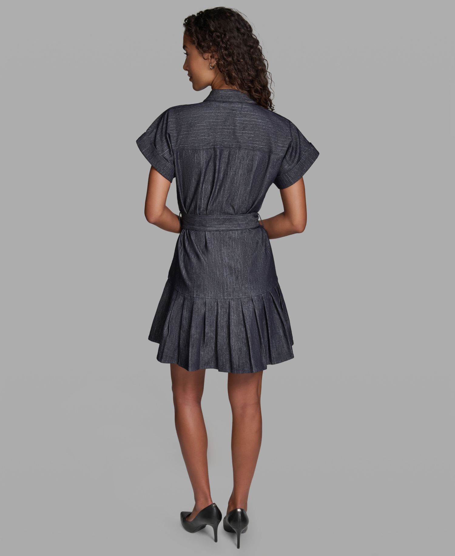 Women's Denim Pinstripe Collared Shirt-Dress