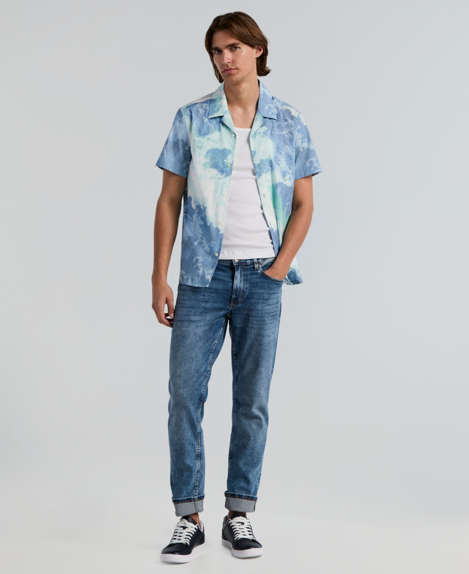 Men's Wave Print Camp Collar Shirt