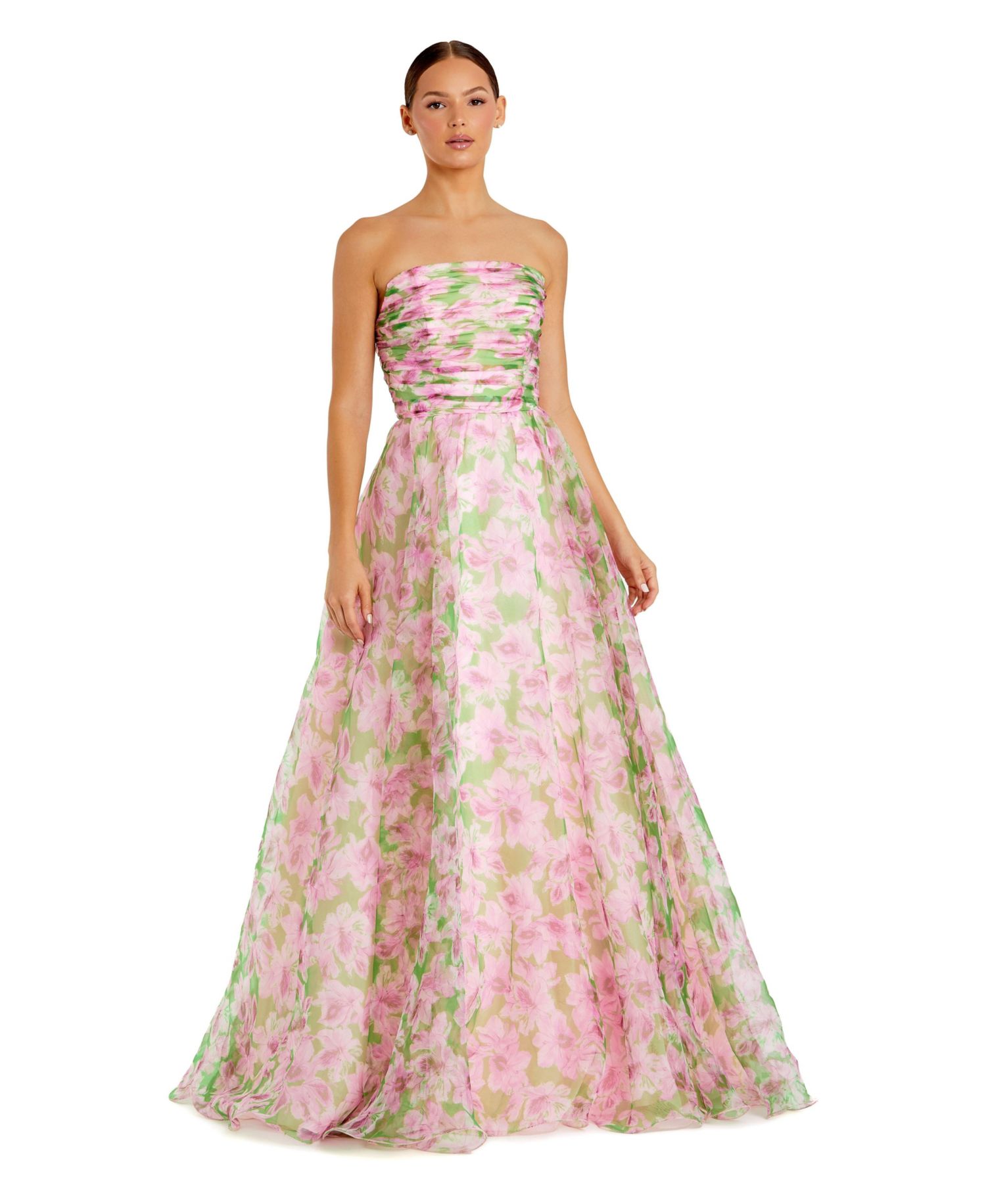Women's Strapless Floral Chiffon Gown with Ruched Detail