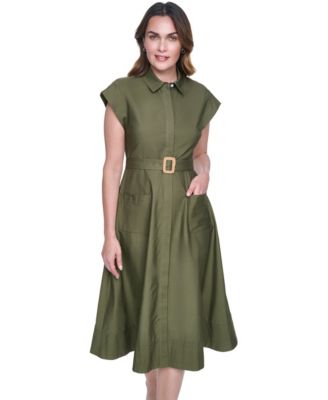 Women's Short-Sleeve Trapunto Stitch Belted Midi Shirt-Dress