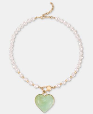 Heart Imitation Pearl Pendant Necklace, 16" + 2" extender
