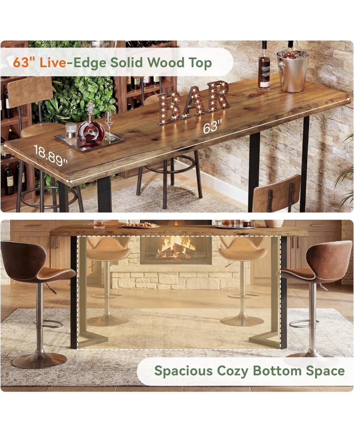 Tribesigns Solid Wood Live-Edge Bar Table, Rectangle Long Counter Height Pub Table, Farmhouse High Top Home Bar Unit
