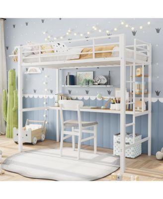 Metal Twin Loft Bed with Desk and Storage Shelves, Space-Saving Bed Frame with Guardrails, Ladder and Steel Slats