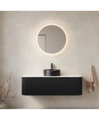 Wall Mounted Bathroom Vanity with Sintered Stone Top, Ceramic Round Sink, Stripe Drawer, Pre-assembled