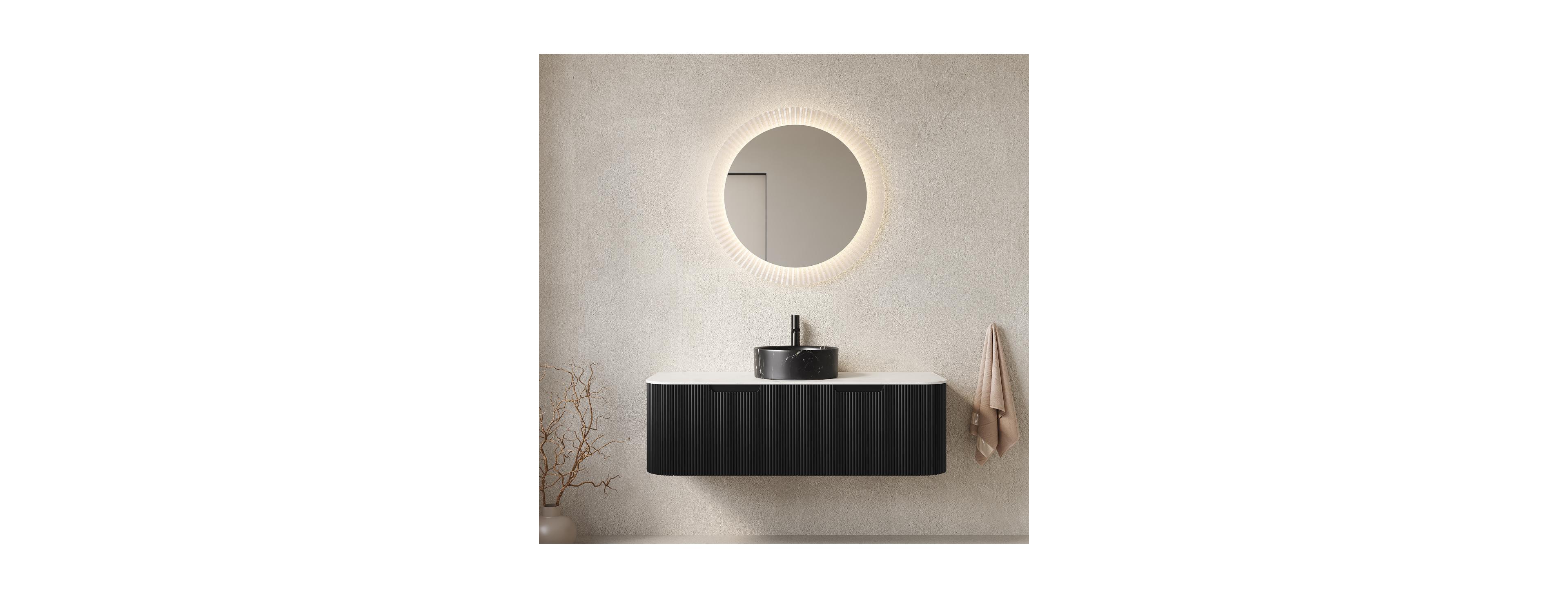 Sillysis Wall Mounted Bathroom Vanity with Sintered Stone Top, Ceramic Round Sink, Stripe Drawer