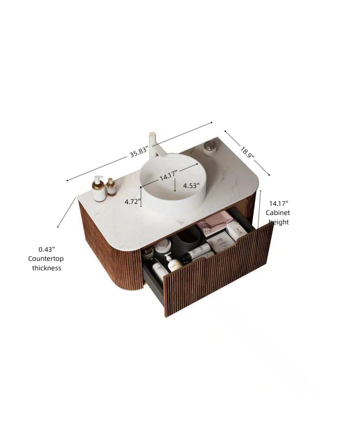 Sillysis Wall Mounted Bathroom Vanity with Sintered Stone Top, Round Ceramic Vessel Sink, Walnut Striped Drawer