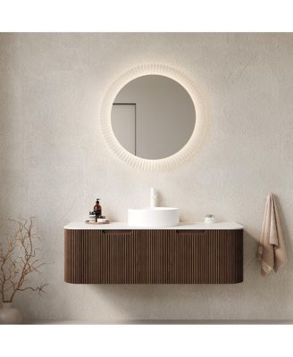 Wall Mounted Bathroom Vanity with Sintered Stone Top, Round Ceramic Vessel Sink, Walnut Striped Drawer, Pre-assembled