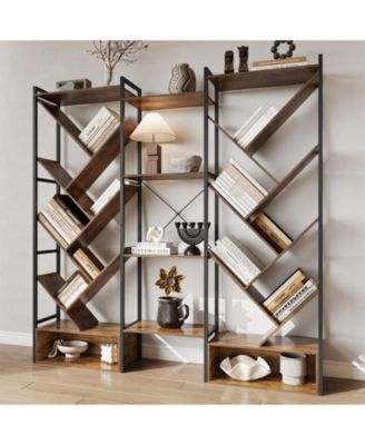 Modern Triple 6-Tier Standing Bookshelf - 24 Open Display Shelves, Large Industrial Wooden Bookcase - Storage Rack for Living Room, Home