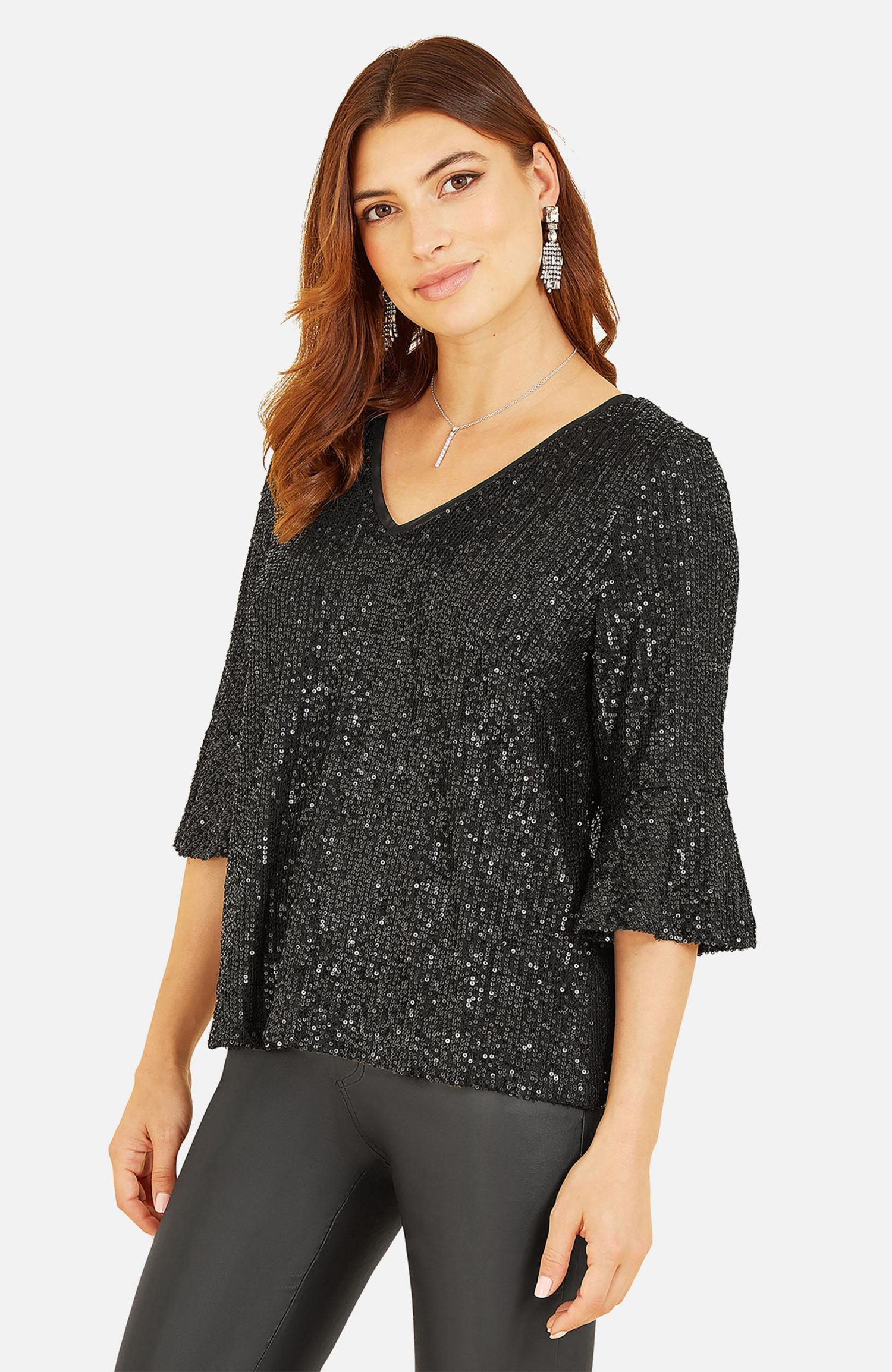 Women's Sequin V-Neck Fluted Sleeve Top