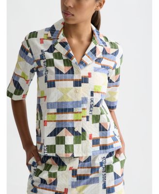 Women's Stitch-Embroidered Printed Short Sleeve Shirt