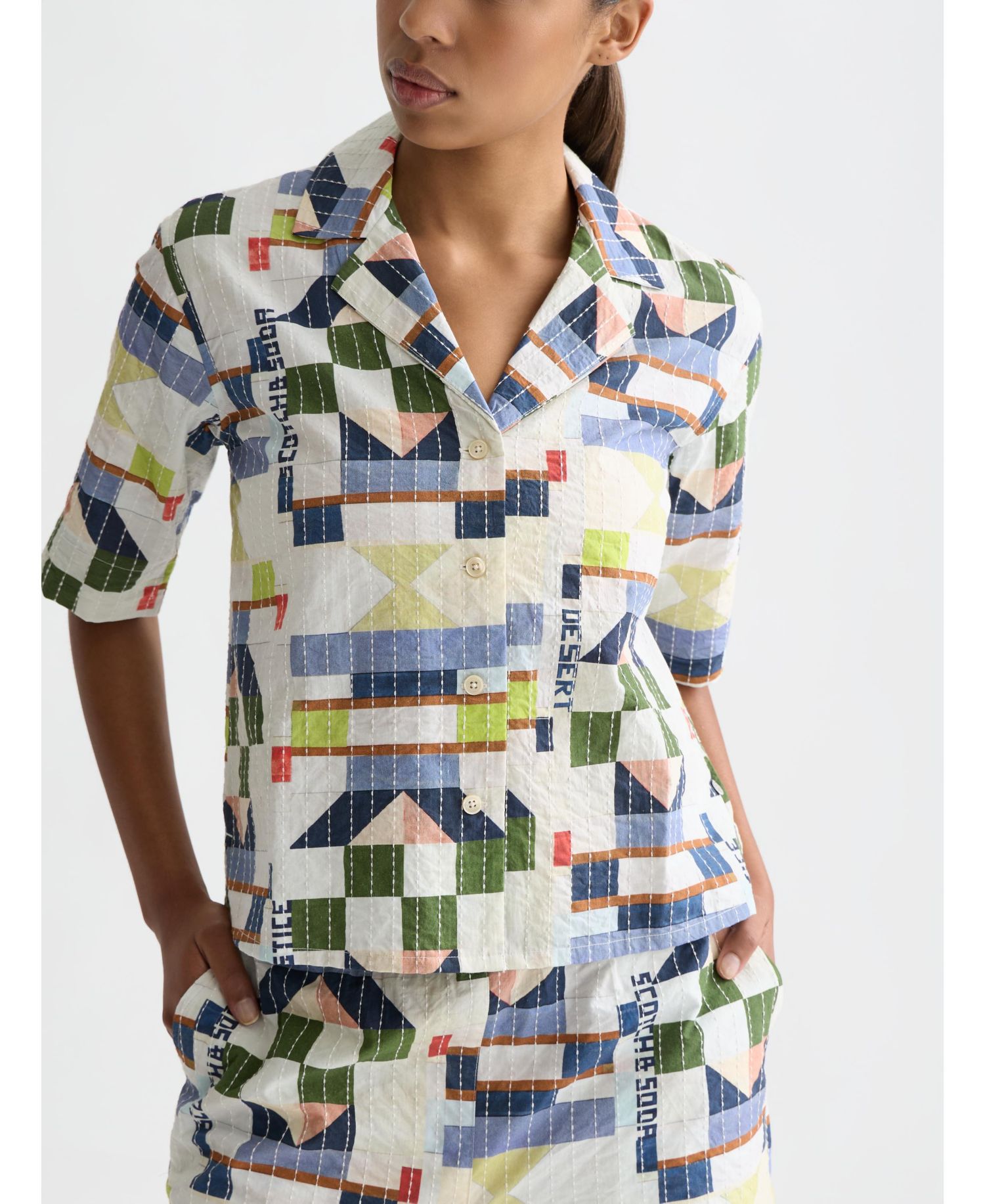 Women's Stitch-Embroidered Printed Short Sleeve Shirt