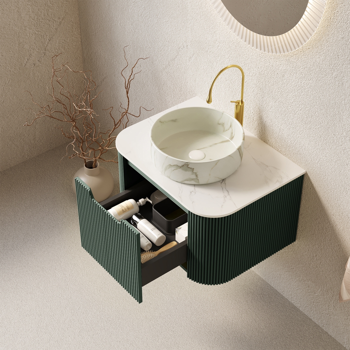 Sillysis Wall Mounted Bathroom Vanity with Sintered Stone Top, Round Ceramic Basin, Stripe Drawer Panel