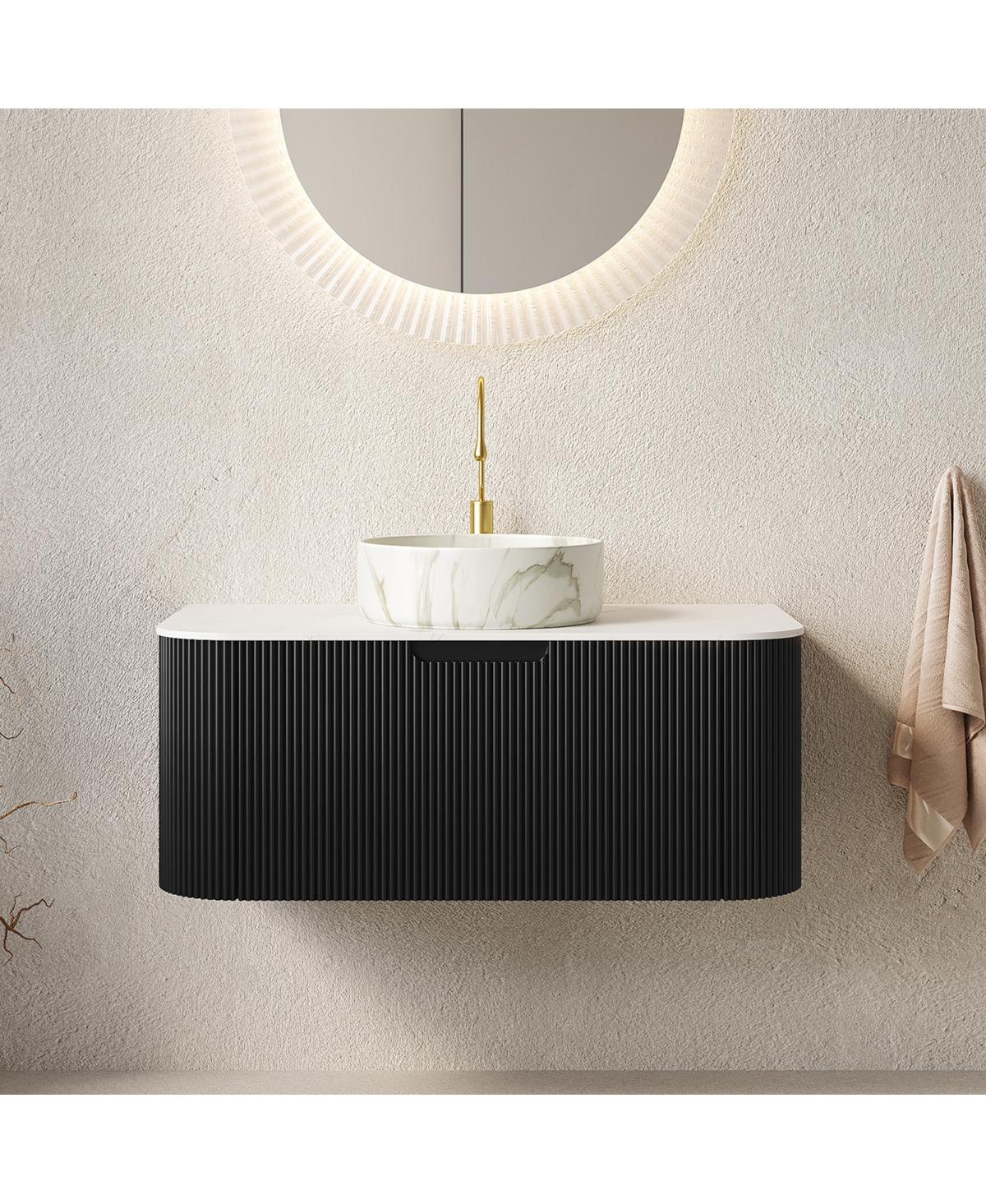 Sillysis Wall Mounted Bathroom Vanity with Carrara Sintered Stone Top, Round Ceramic Sink, Stripe Drawer