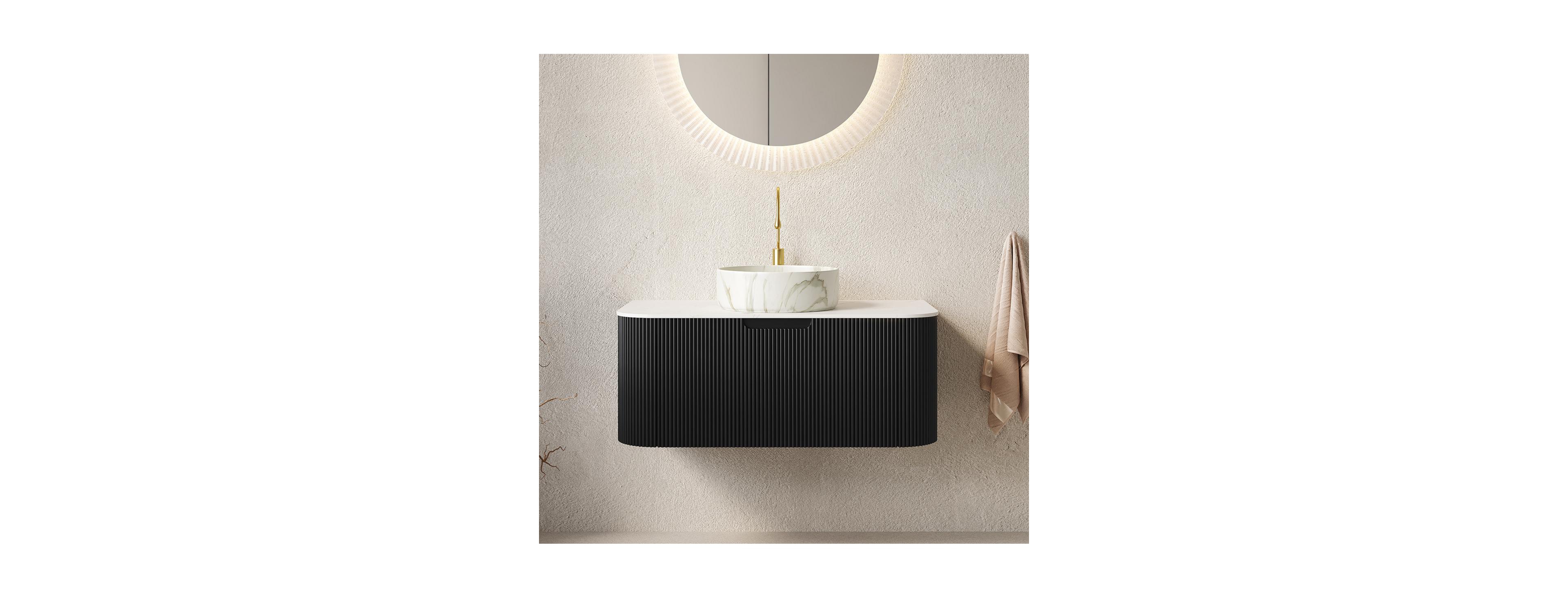 Sillysis Wall Mounted Bathroom Vanity with Carrara Sintered Stone Top, Round Ceramic Sink, Stripe Drawer