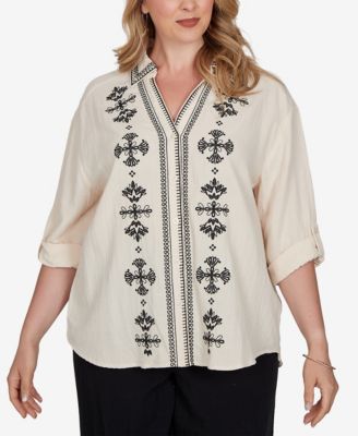 Plus Size Embroidered Gauze Button-Front Top