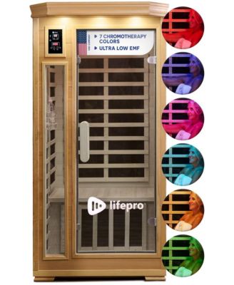 Rejuvacure Low-EMF 1-Person Infrared Sauna – Indoor Wooden Sauna with Tempered Glass Door, Carbon Fiber Heaters, Chromotherapy & Bluetooth