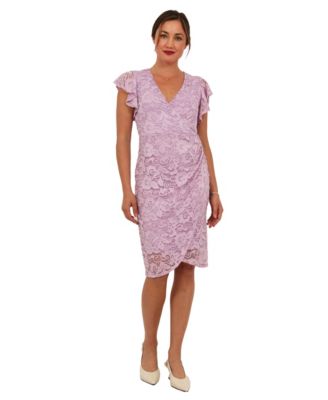 Women's Lace V-Neck Flutter-Sleeve Faux Wrap Midi Dress