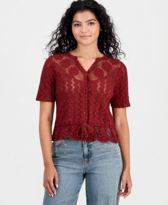 Women's Cotton Crochet Button-Front Peplum Top