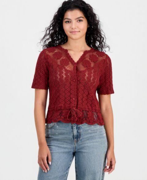 Женский топ And Now This Cotton Crochet Button-Front Peplum Top, цвет: Малиновый