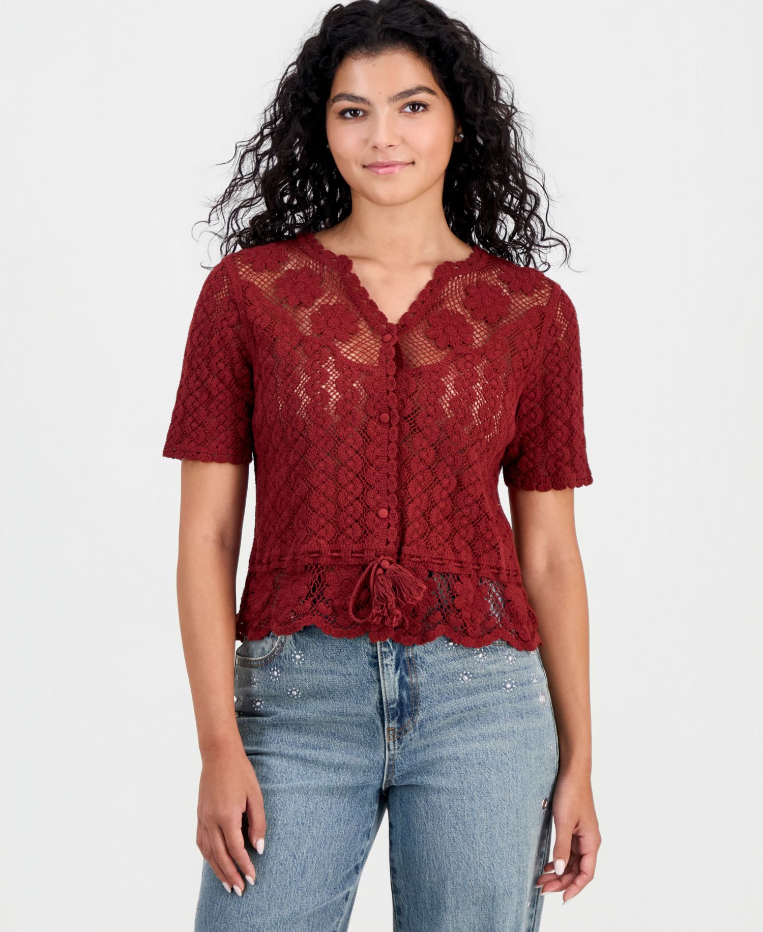 Women's Cotton Crochet Button-Front Peplum Top