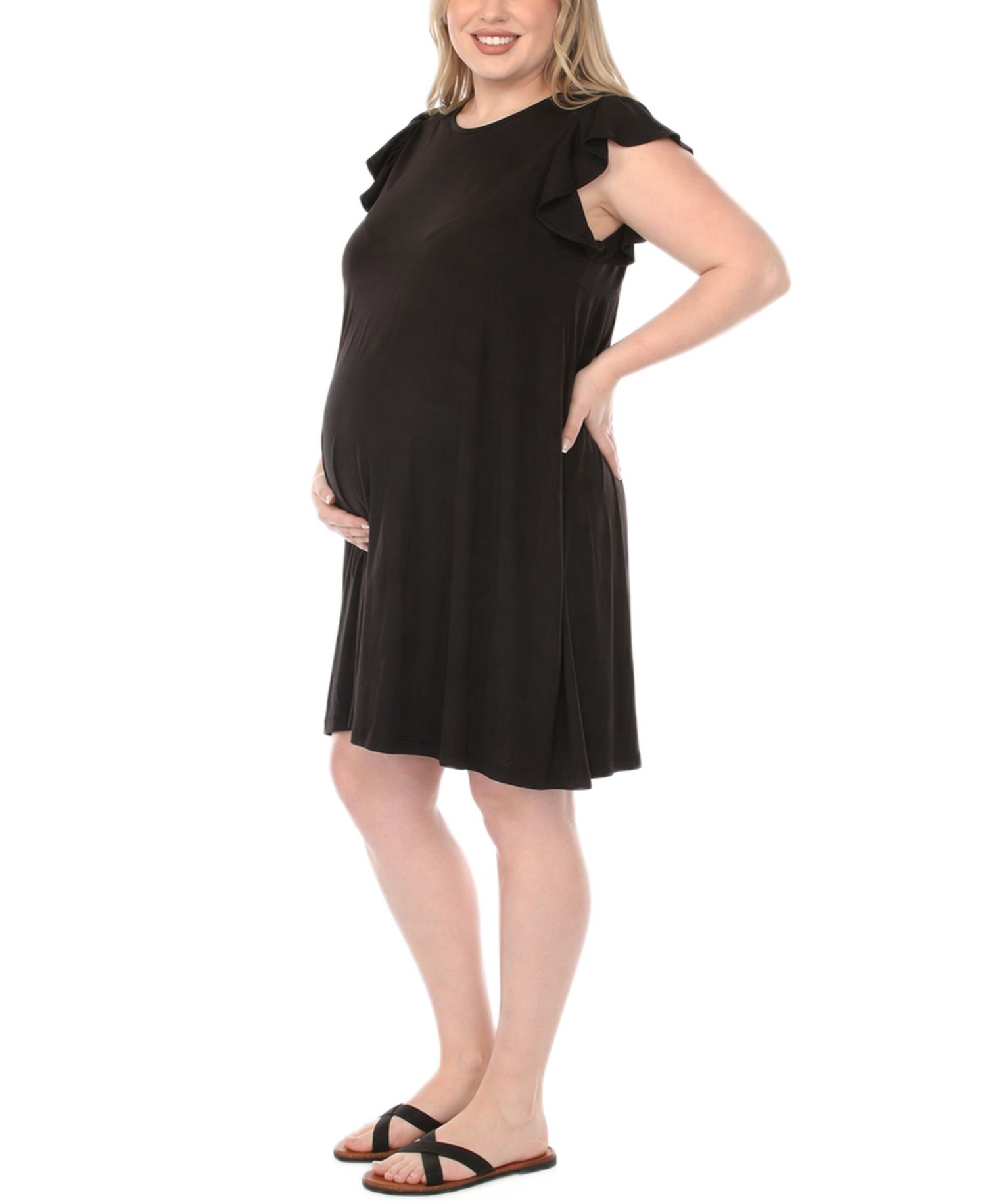 Plus Size Scoop Neck Flutter-Sleeve Maternity Dress