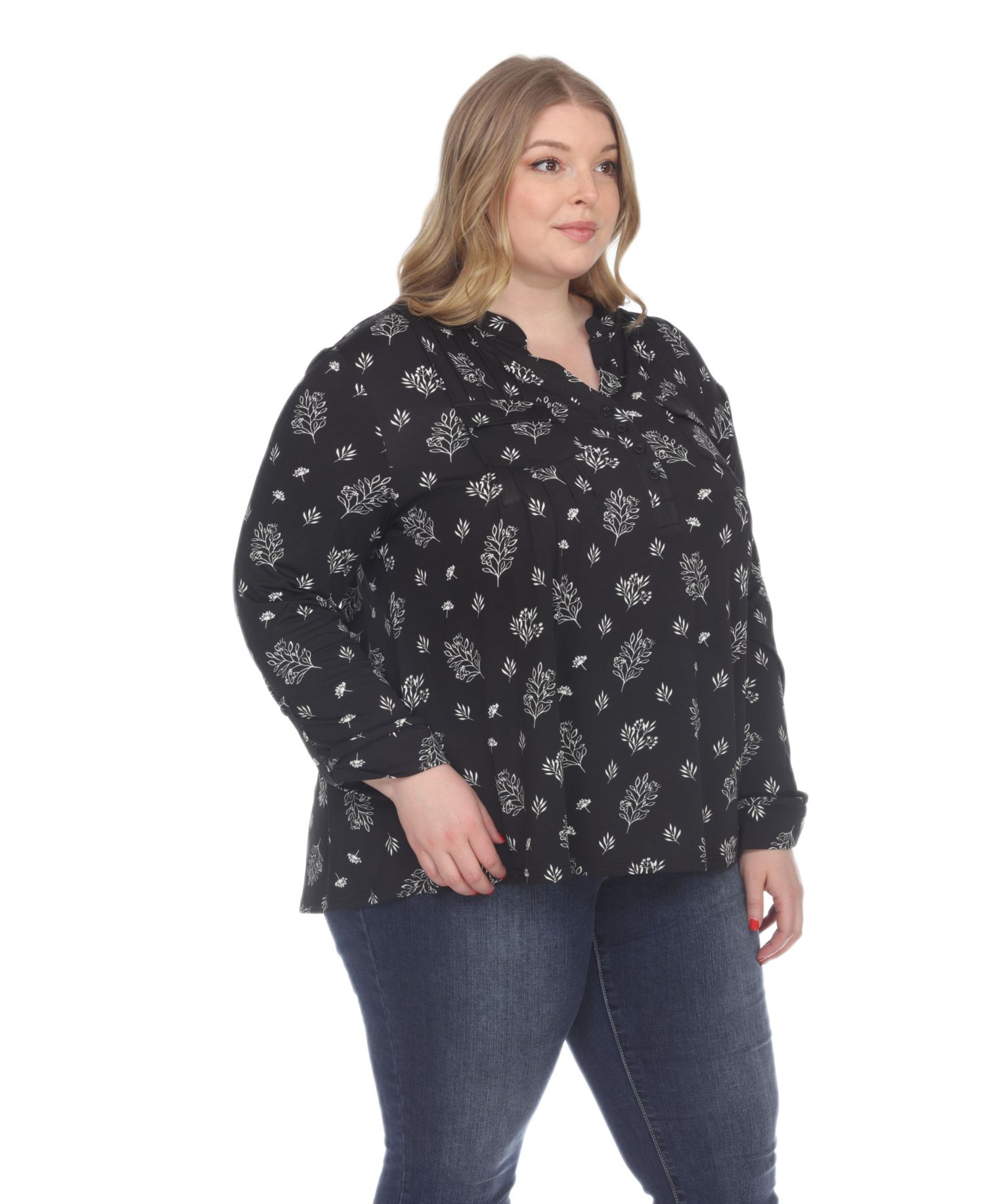 Plus Size Printed Long-Sleeve Button-Front Top