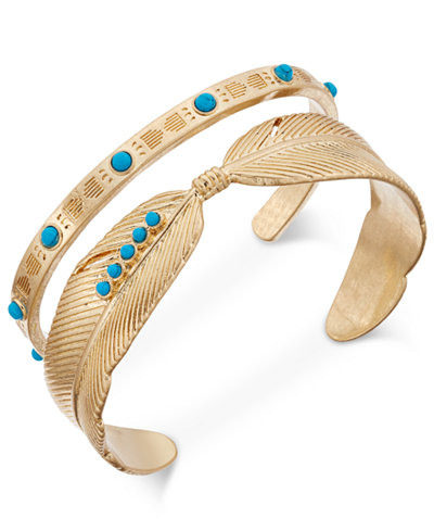 Danielle Nicole Gold-Tone Turquoise-Look Feather Cuff Bracelet Set of Two