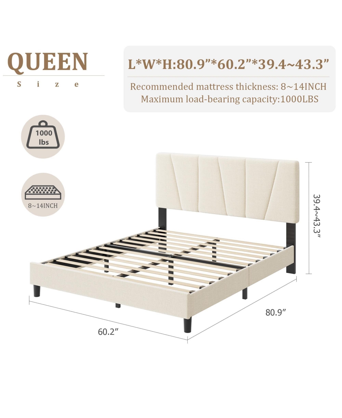 homfan Linen Upholstered Platform Bed Frame with 3-Level Adjustable Headboard, Wood Slat Support, Quiet Design