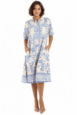 Women's Club Moda Blue Floral Button-Front Shirt Dress - Short Sleeve Midi Resort Wear Summer Vacation Dress