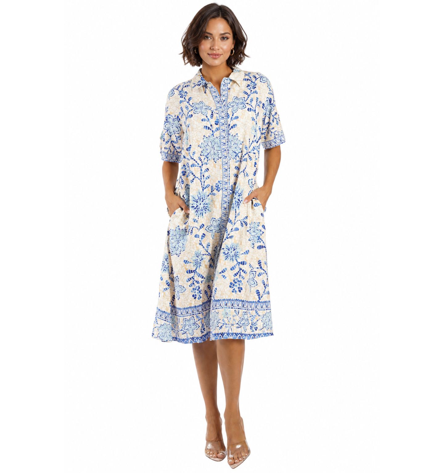 Женское платье La Moda Clothing Club Moda Blue Floral Button-Front Shirt Dress - Short Sleeve Midi Resort Wear Summer Vacation, цвет: Средний синий — фото 1