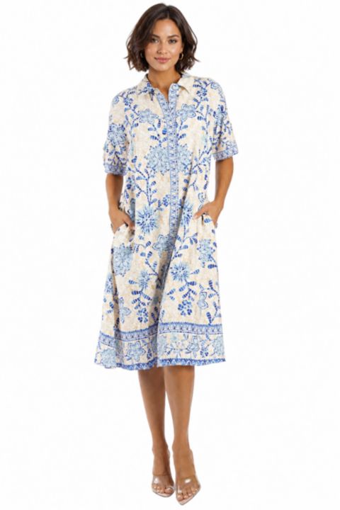 Женское платье La Moda Clothing Club Moda Blue Floral Button-Front Shirt Dress - Short Sleeve Midi Resort Wear Summer Vacation, цвет: Средний синий