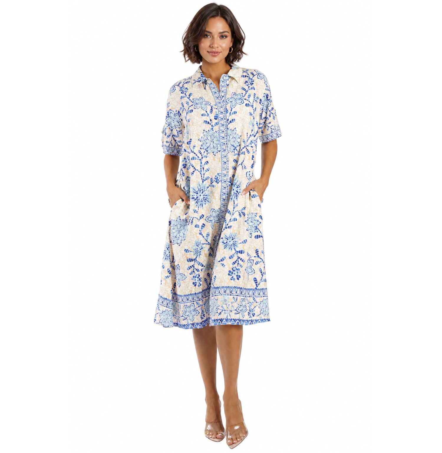 Women's Club Moda Blue Floral Button-Front Shirt Dress - Short Sleeve Midi Resort Wear Summer Vacation Dress