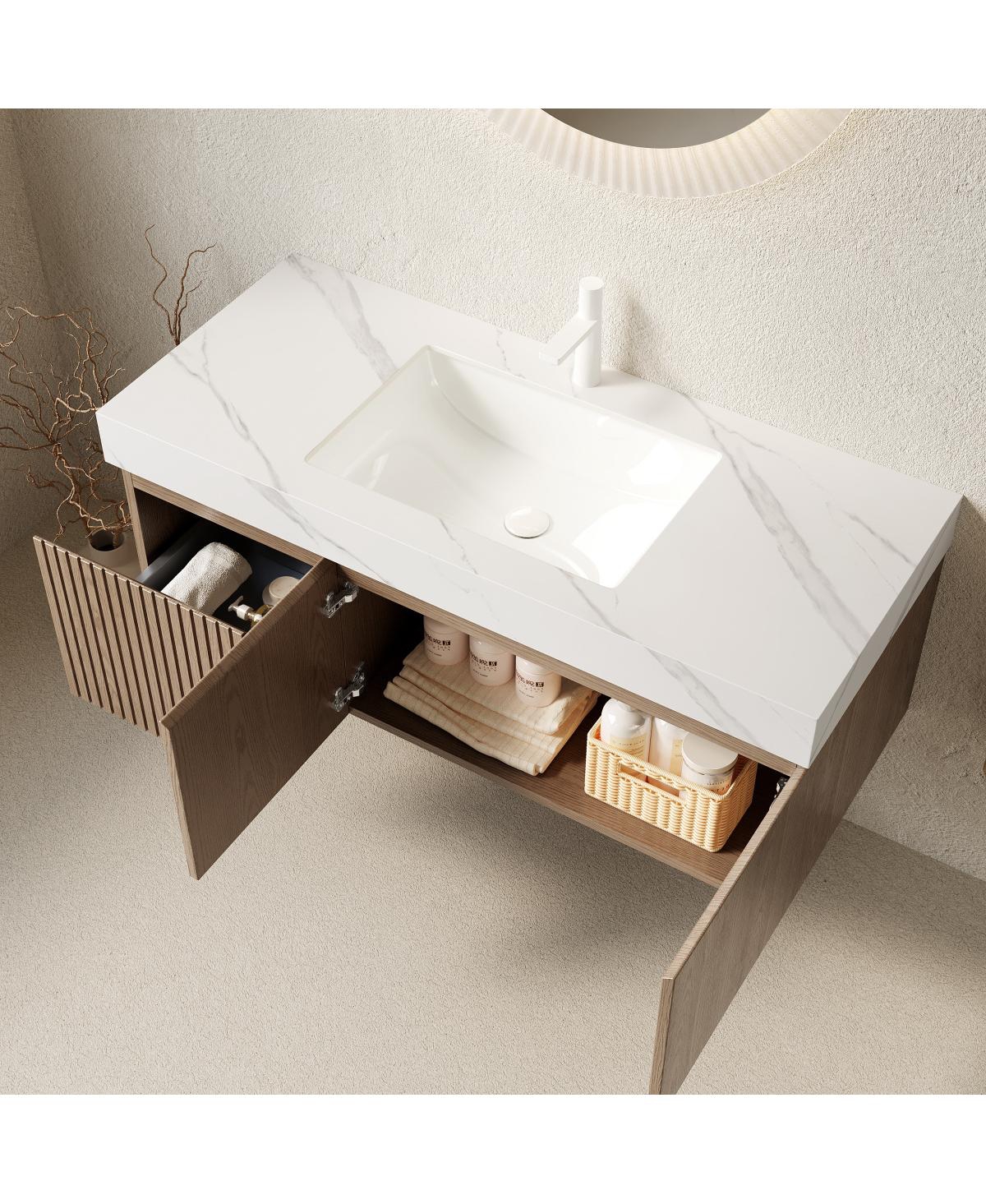 Sillysis Wall Mounted Bathroom Vanity, Sintered Stone Top, Carrara Ceramic Sink, Soft Close Cabinet