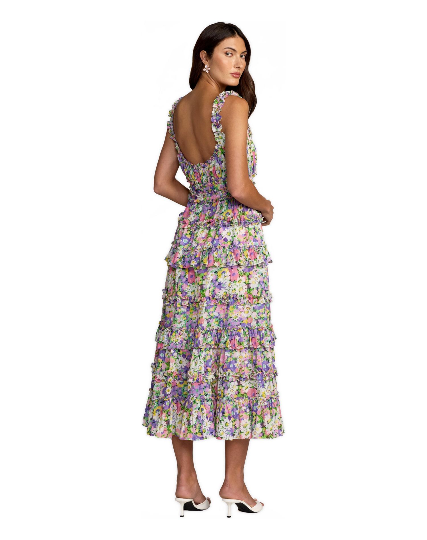 Women's Multicolor Floral Ruffle A-Line Cotton Midi Dress
