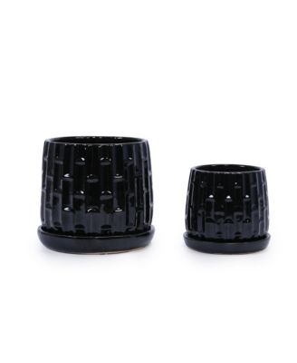 Handmade Glazed Ceramic Planter Set of 2, Vertical Ribbed Pattern, for Indoor or Outdoor Shelf and Table Use, Breathable Clay with Saucers