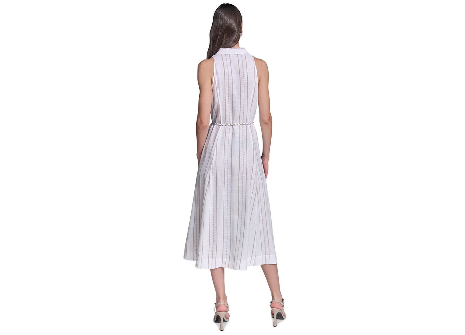 Women's Striped Rope Belt Midi Shirt-Dress